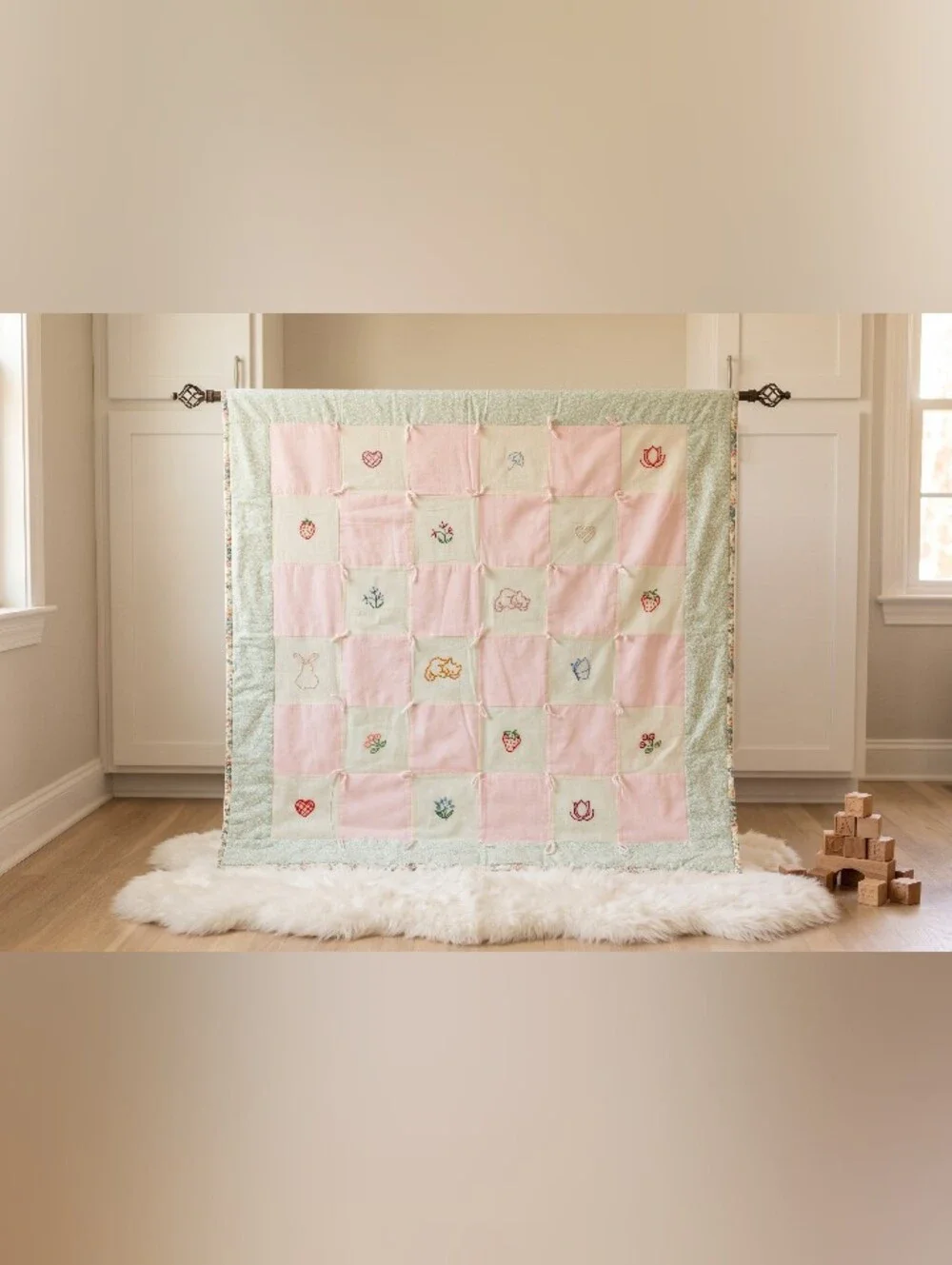 (C-77) Pink 🩷 & Cream Patchwork Baby Quilt W Embroidered Motifs